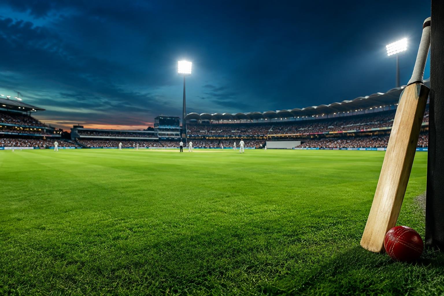 Cricket stadium with a bat and ball beside the field